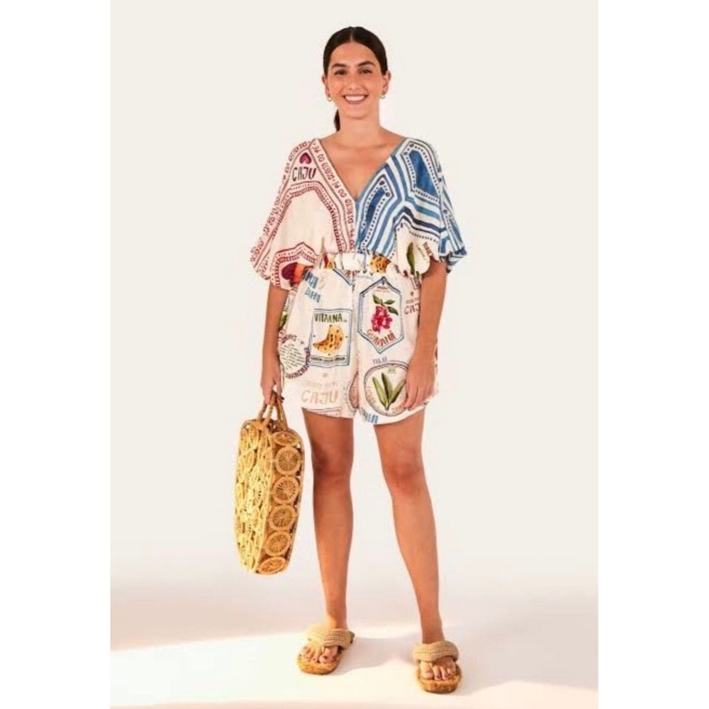 FARM Rio Multicolor Printed V-Neck Romper with Blue and Red Accents